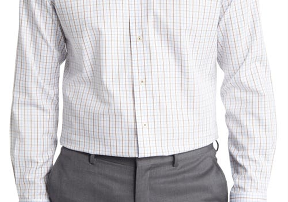 Camisa social de algodão David Donahue Trim Fit, sem passar, em branco/marrom/azul