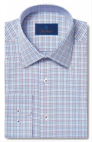 Camisa social David Donahue Regular Fit Tattersall de algodão em azul/roxo/branco, tamanho 16 a 34