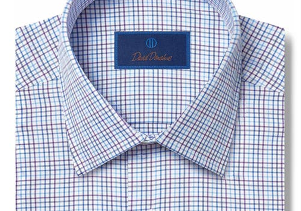 Camisa social David Donahue Regular Fit Tattersall de algodão em azul/roxo/branco, tamanho 16 a 34