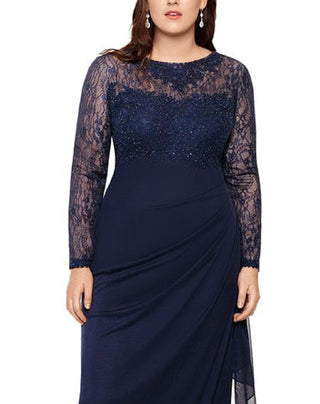 Vestido feminino XSCAPE de manga comprida bordado e com miçangas, azul, tamanho 22W