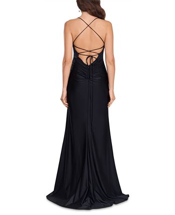 Vestido feminino XSCAPE com franzido lateral e fenda alta, preto, tamanho 8