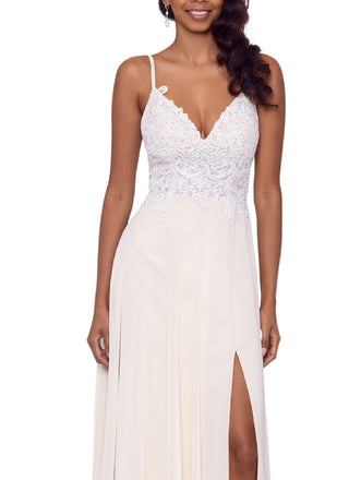 Vestido de chiffon sem mangas com corpete bordado XSCAPE feminino, marrom, tamanho 2