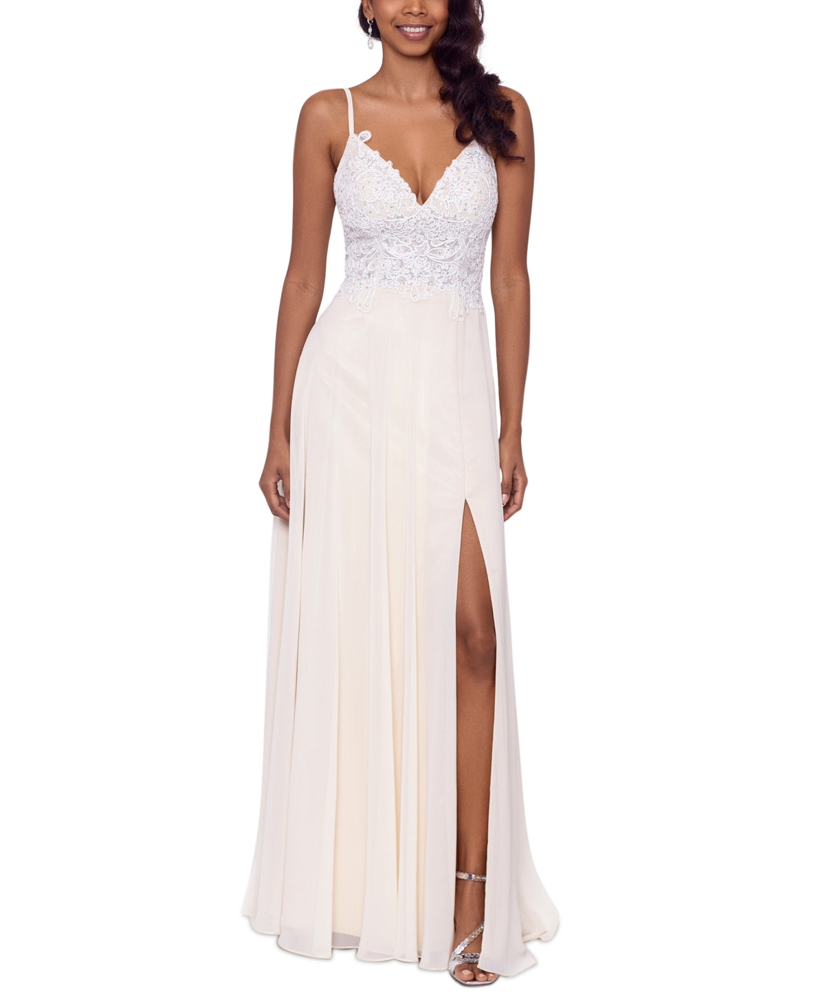 Vestido de chiffon sem mangas com corpete bordado XSCAPE feminino, marrom, tamanho 2