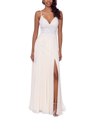 Vestido de chiffon sem mangas com corpete bordado XSCAPE feminino, marrom, tamanho 2