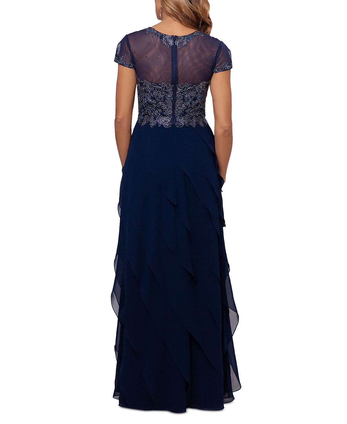 Vestido feminino XSCAPE com corpete bordado e saia com babados, azul, tamanho 8