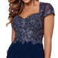 Vestido feminino XSCAPE com corpete bordado e saia com babados, azul, tamanho 8