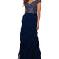Vestido feminino XSCAPE com corpete bordado e saia com babados, azul, tamanho 8