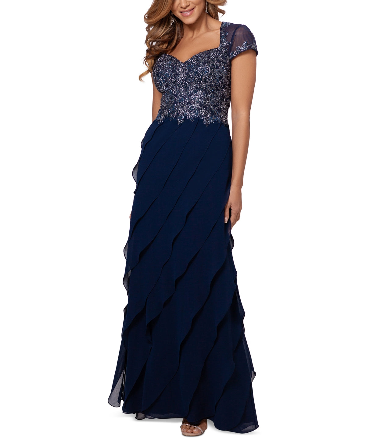 Vestido feminino XSCAPE com corpete bordado e saia com babados, azul, tamanho 8