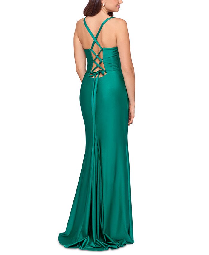 Vestido de cetim feminino XSCAPE com cadarço, verde, tamanho 12