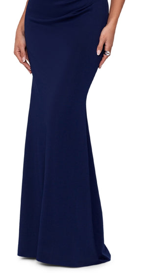 Vestido feminino XSCAPE com decote ombro a ombro e frente cruzada, azul, tamanho 12