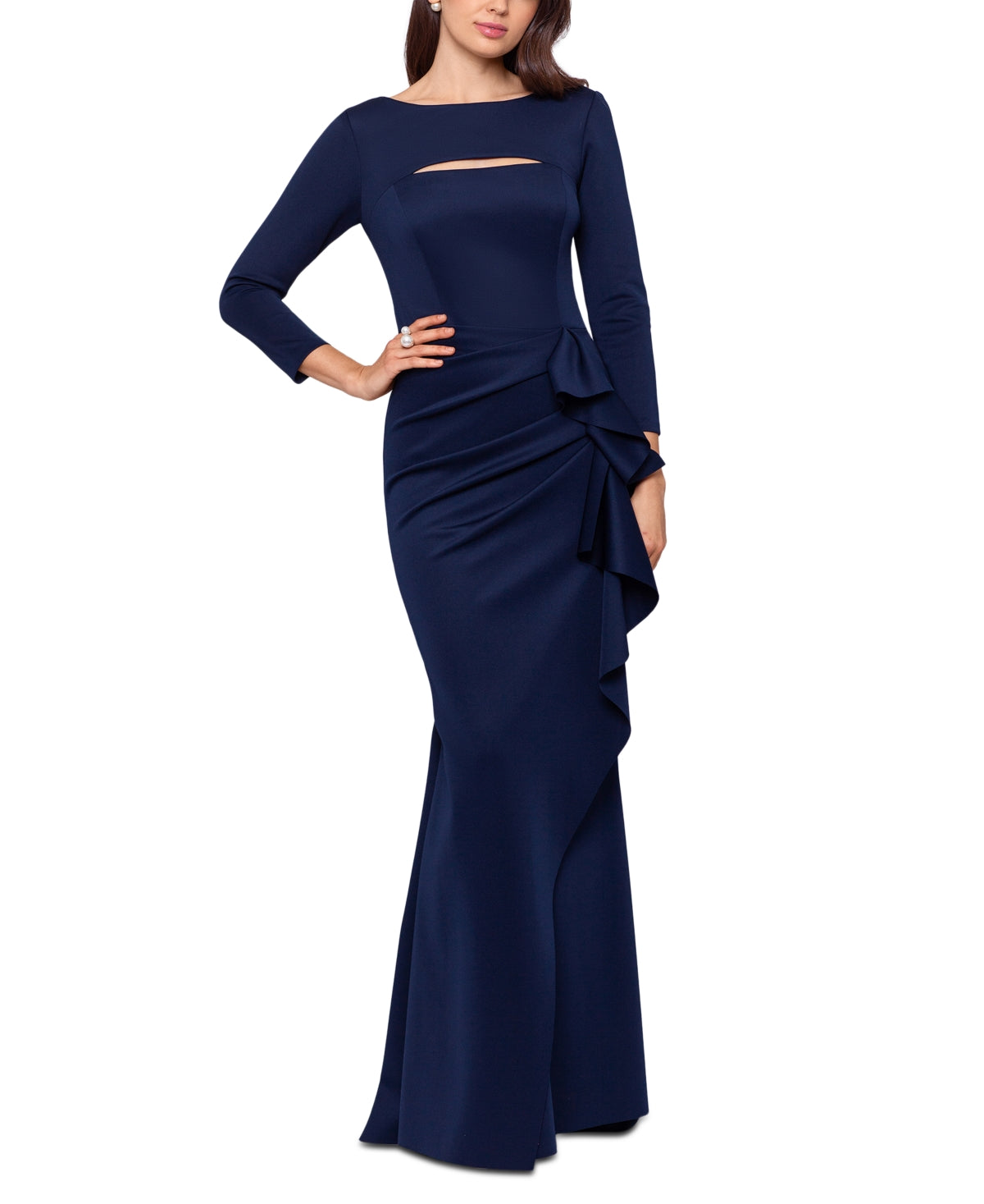 Vestido feminino XSCAPE Scuba com recortes, babados, caimento evasê, azul, tamanho 16