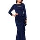Vestido feminino XSCAPE Scuba com recortes, babados, caimento evasê, azul, tamanho 16