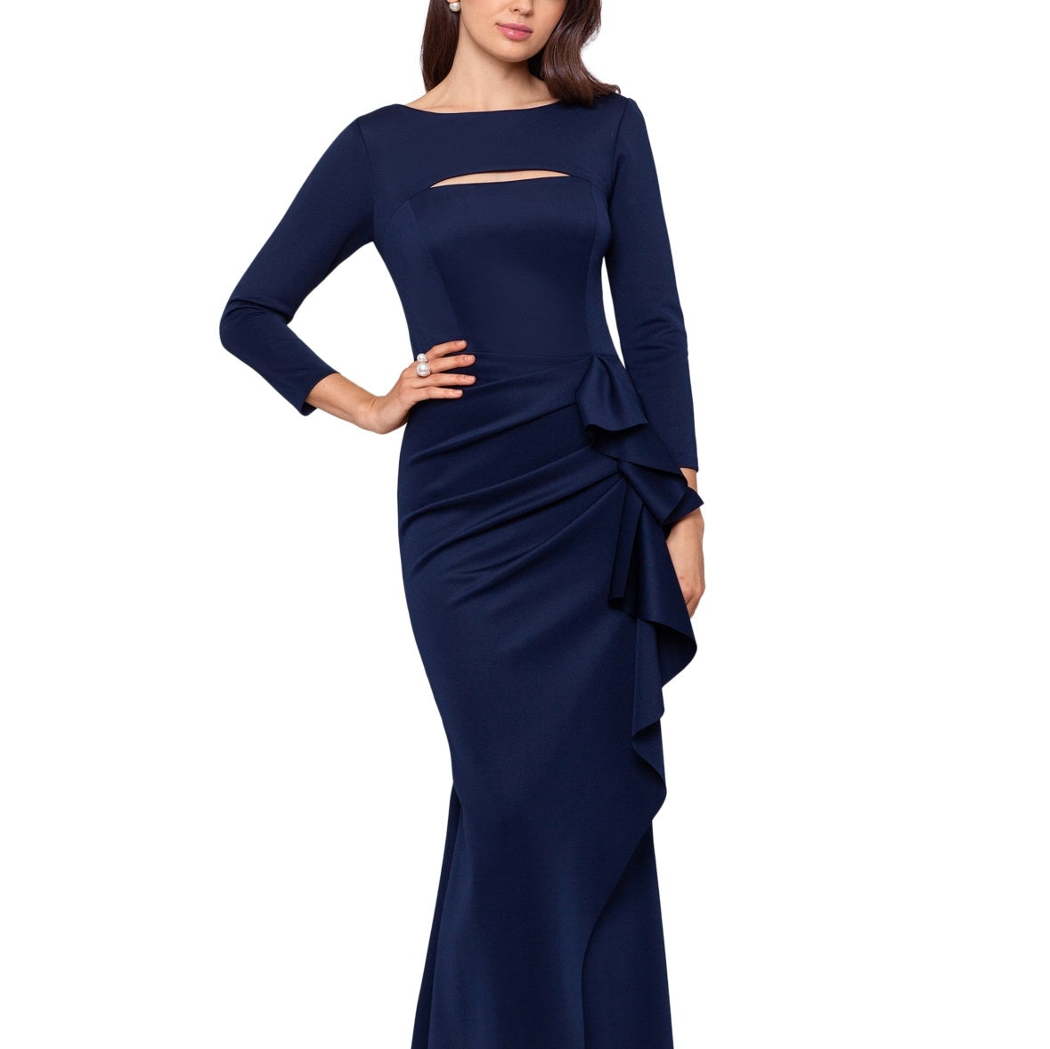Vestido feminino XSCAPE Scuba com recortes, babados, caimento evasê, azul, tamanho 16