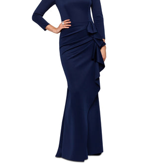 Vestido feminino XSCAPE Scuba com recortes, babados, caimento evasê, azul, tamanho 16