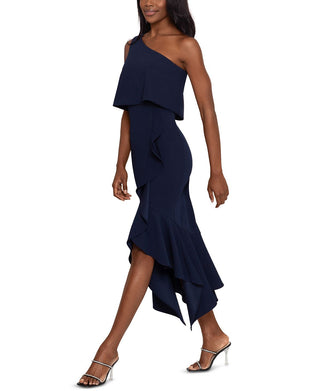 Vestido feminino XSCAPE de um ombro só, popover, alto e baixo, azul, tamanho 4