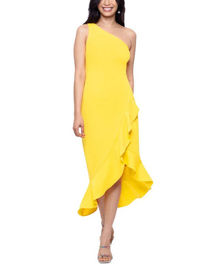 Vestido midi de crepe Scuba de um ombro só para mulheres XSCAPE, amarelo, tamanho 12