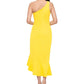 Vestido midi de crepe Scuba de um ombro só para mulheres XSCAPE, amarelo, tamanho 12