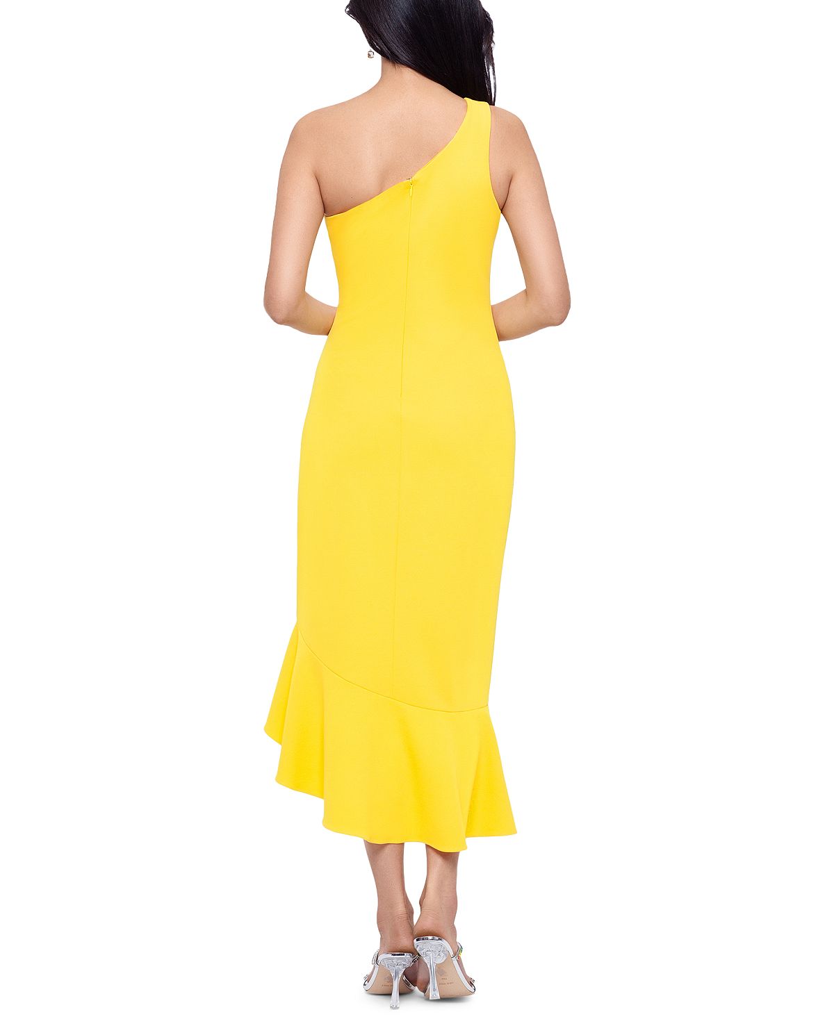 Vestido midi de crepe Scuba de um ombro só para mulheres XSCAPE, amarelo, tamanho 12