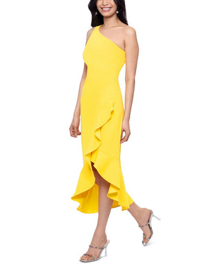 Vestido midi de crepe Scuba de um ombro só para mulheres XSCAPE, amarelo, tamanho 12