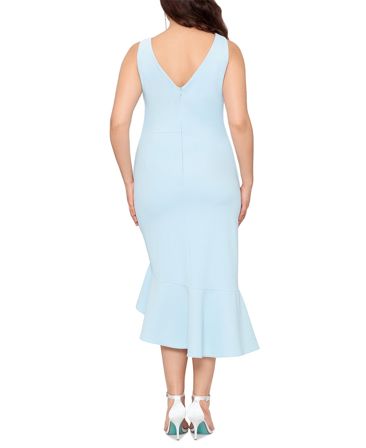 Vestido midi de coquetel XSCAPE feminino com babados assimétricos e crepe Scuba, azul, tamanho 18W