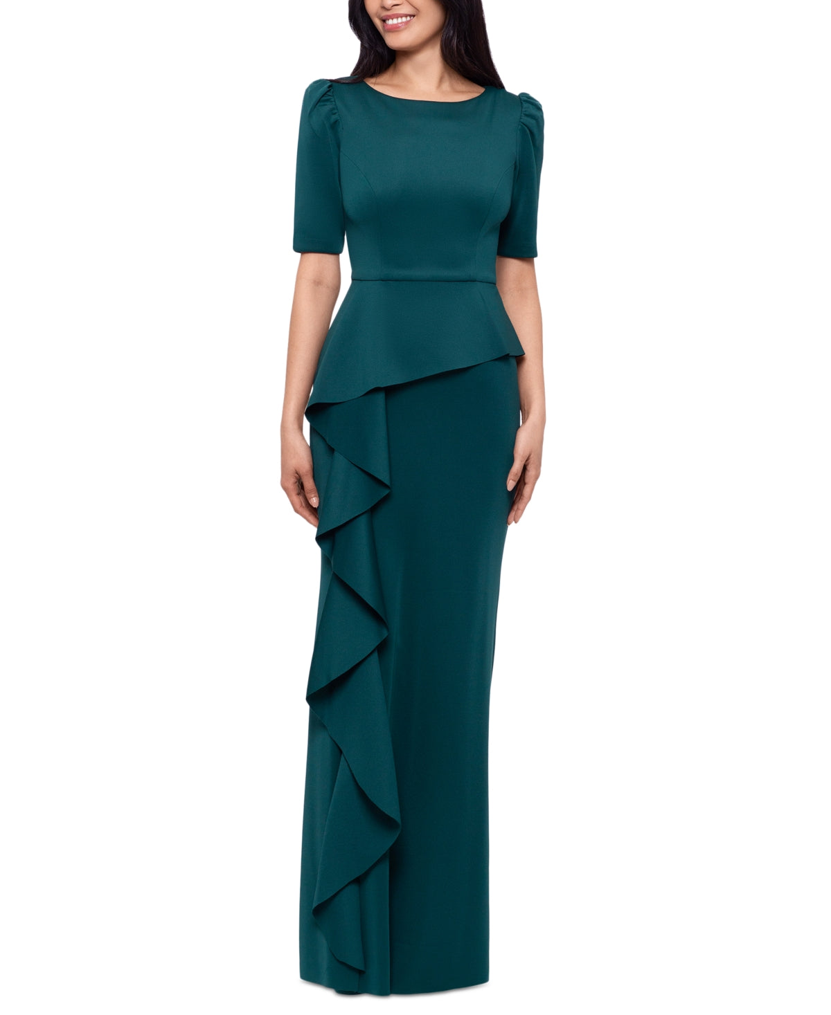 Vestido feminino XSCAPE Scuba com babados e manga curta, verde, tamanho 14
