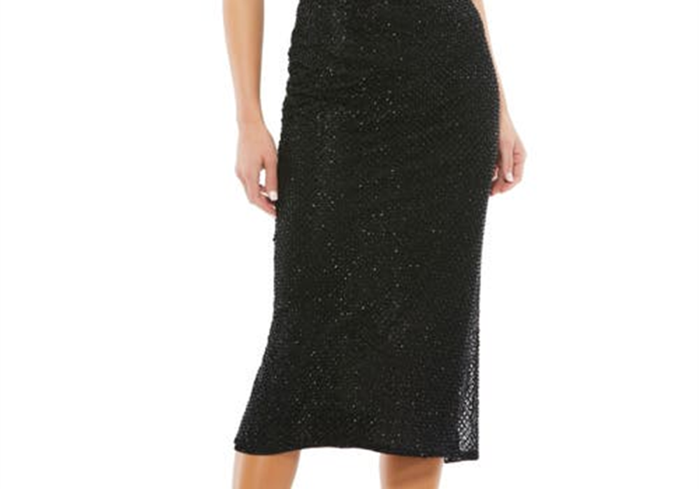 Vestido de coquetel com alças finas e contas Mac Duggal, preto, tamanho 6