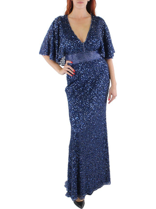 Vestido de noite feminino Mac Duggal com contas e capa, azul-marinho, tamanho 10