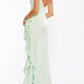 Vestido trompete de cetim com babados Ieena for Mac Duggal em pistache tamanho 4