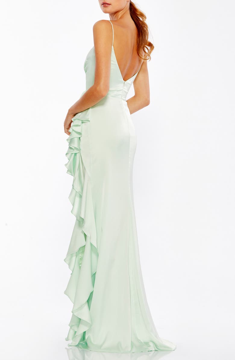 Vestido trompete de cetim com babados Ieena for Mac Duggal em pistache tamanho 4