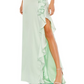 Vestido trompete de cetim com babados Ieena for Mac Duggal em pistache tamanho 4