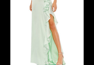 Vestido trompete de cetim com babados Ieena for Mac Duggal em pistache tamanho 4