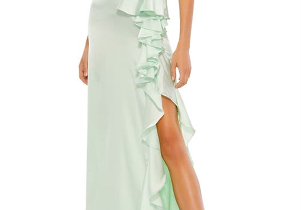 Vestido trompete de cetim com babados Ieena for Mac Duggal em pistache tamanho 4