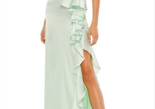 Vestido trompete de cetim com babados Ieena for Mac Duggal em pistache tamanho 4