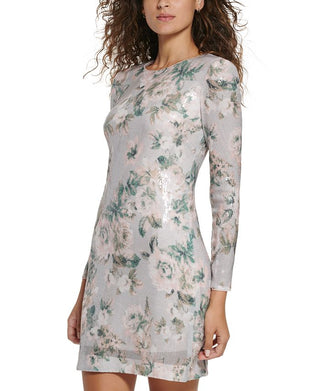 Vestido de coquetel feminino Eliza J com lantejoulas florais e manga comprida, cinza, tamanho 8