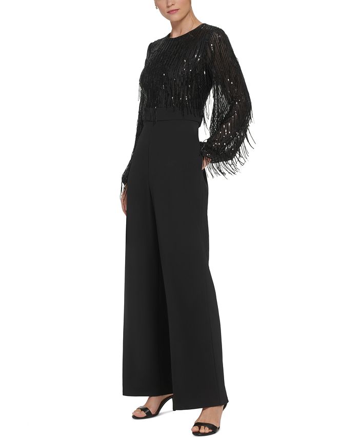 Macacão feminino Eliza J com lantejoulas, gola redonda e manga comprida, preto, tamanho 6