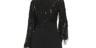 Macacão feminino Eliza J com lantejoulas, gola redonda e manga comprida, preto, tamanho 6