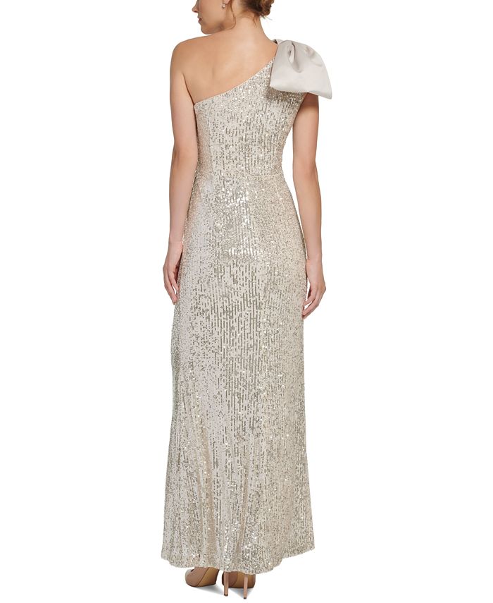 Vestido feminino Eliza J com lantejoulas e cetim, um ombro só, bege, tamanho 8