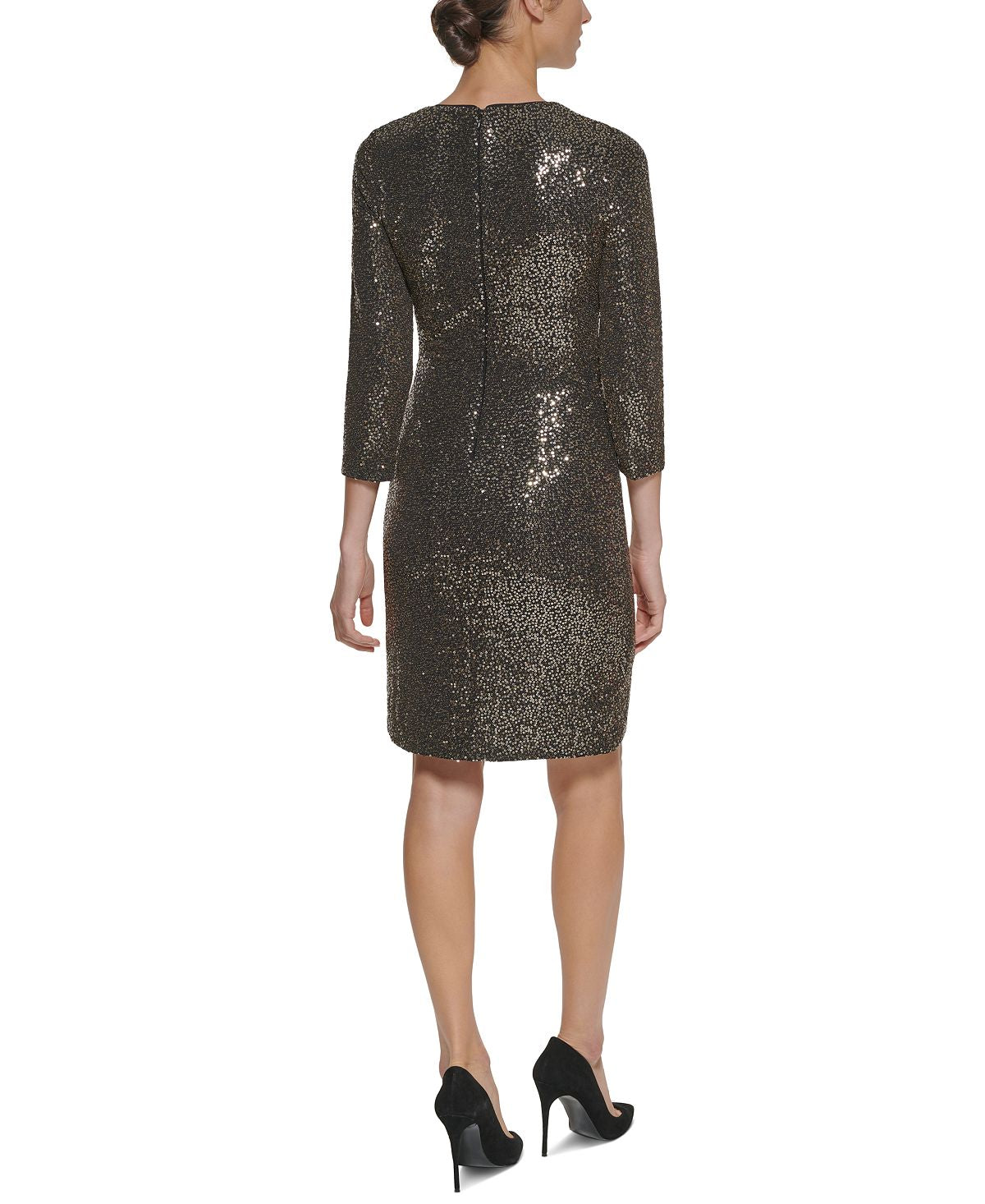 Vestido tubinho metálico com decote em V feminino Eliza J, cinza, tamanho 6, pequeno