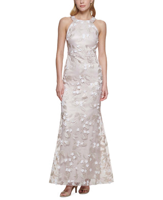 Vestido Eliza J Bege/Branco com Apliques Florais Tamanho 2