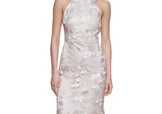 Vestido Eliza J Bege/Branco com Apliques Florais Tamanho 2