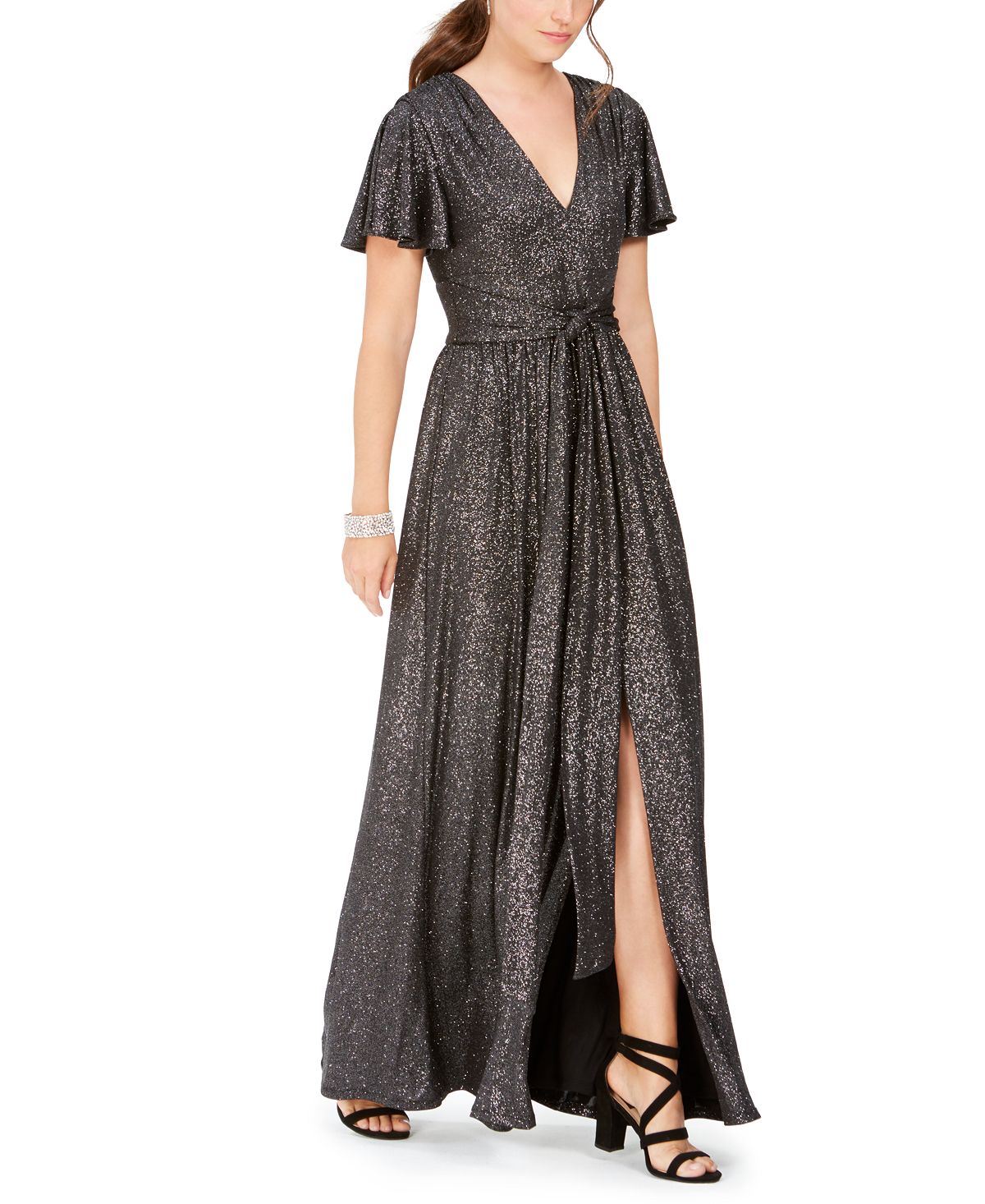 Vestido de malha com glitter e mangas bufantes Eliza J feminino, cinza, tamanho 8