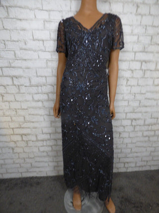 Pisarro Nights Beaded Mesh Column Gown in Slate Size 12