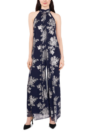 Macacão feminino MSK com estampa floral metálica e pernas largas, azul, tamanho extragrande