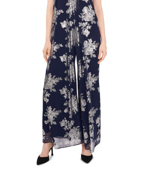 Macacão feminino MSK com estampa floral metálica e pernas largas, azul, tamanho extragrande