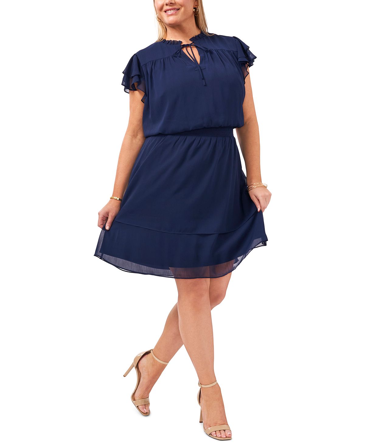 Vestido feminino MSK de chiffon com cintura franzida e camadas, azul, tamanho 3X