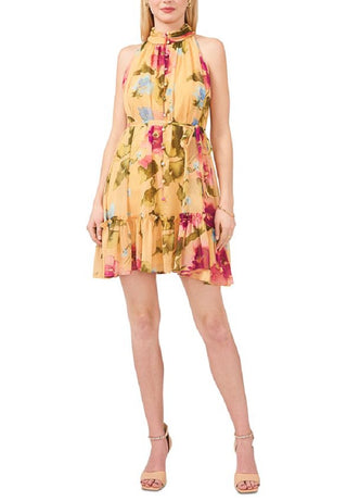 Vestido feminino MSK com decote falso e bolinhas, ajuste evasê, amarelo, tamanho pequeno grande