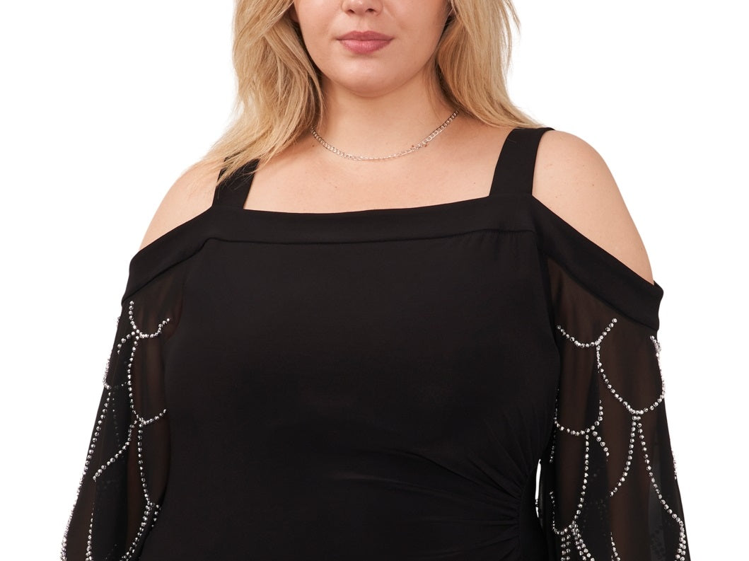 Blusa feminina MSK com ombros descobertos e mangas com miçangas, preta, tamanho 3X