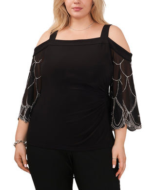 Blusa feminina MSK com ombros descobertos e mangas com miçangas, preta, tamanho 3X