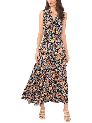 Vestido longo feminino MSK com estampa floral, cintura franzida e camadas, preto, tamanho extragrande