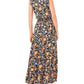 Vestido longo feminino MSK com estampa floral, cintura franzida e camadas, preto, tamanho extragrande